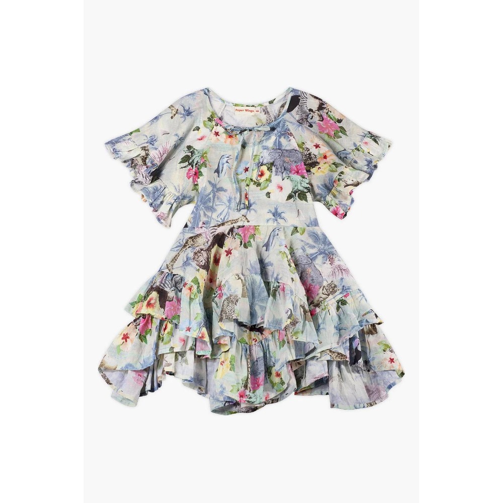 Paper Wings Organic Hawaiian Ruffle‎ Dress Girls 10 Blue Jungle Animal Cotton